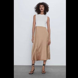 Zara Satin / Cotton-knit Combined Midi Slip Dress